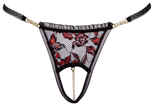 Black lace thong with rhinestones & pearls