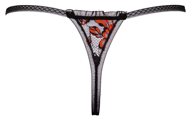 Black lace thong with rhinestones & pearls