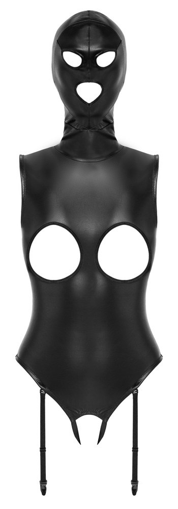 Black crotchless suspender body with head mask