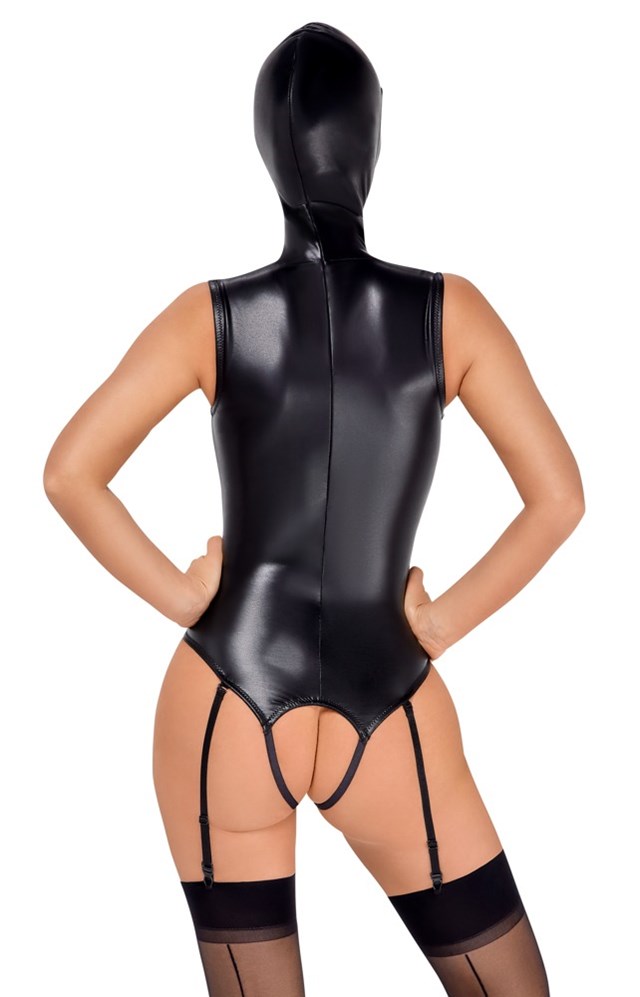 Black crotchless suspender body with head mask