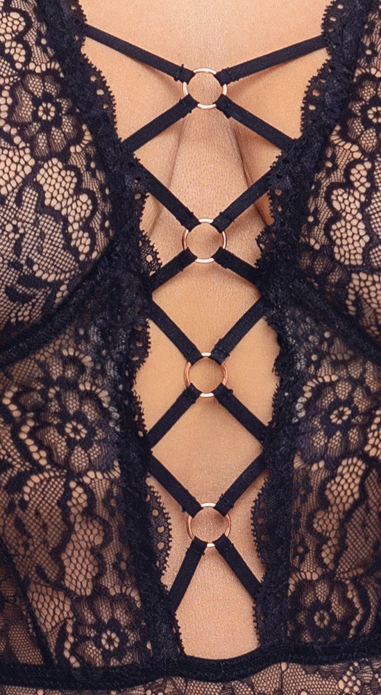 Black lace body with open crotch & lacing