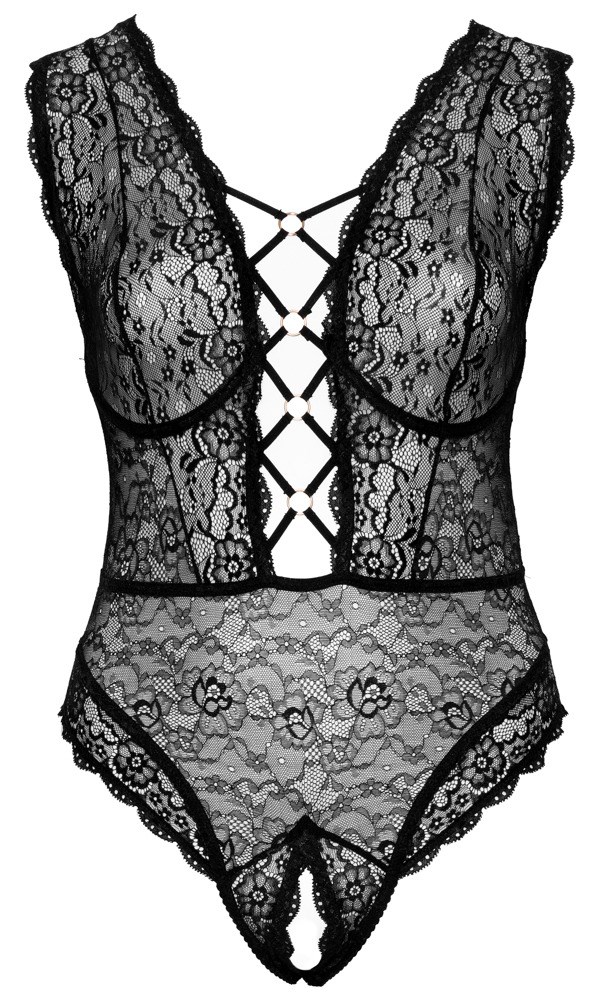 Black lace body with open crotch & lacing