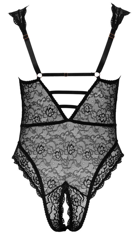 Black lace body with open crotch & lacing