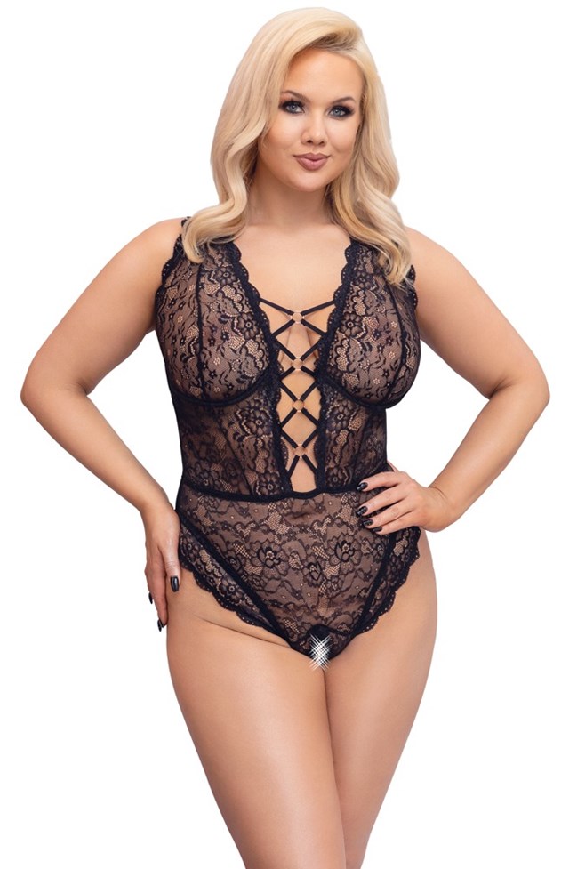 Black lace body with open crotch & lacing