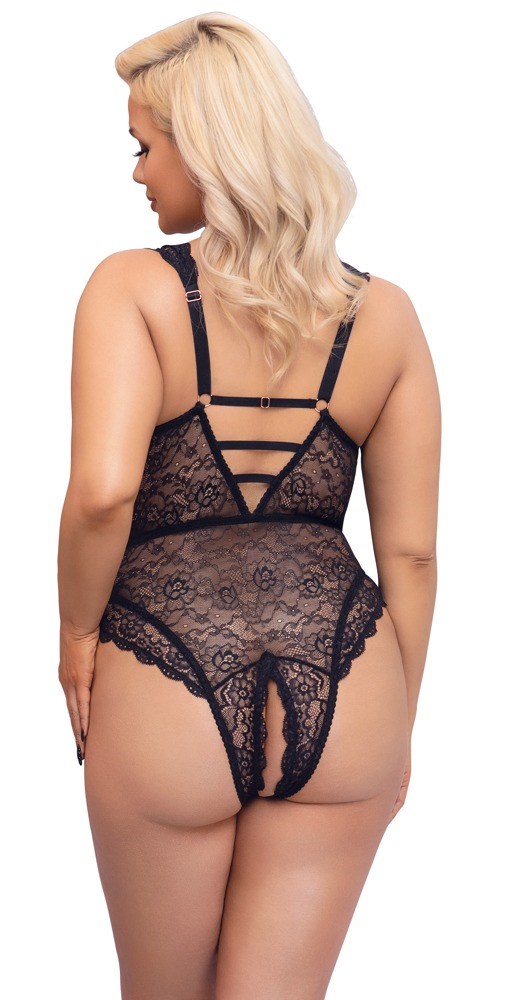 Black lace body with open crotch & lacing