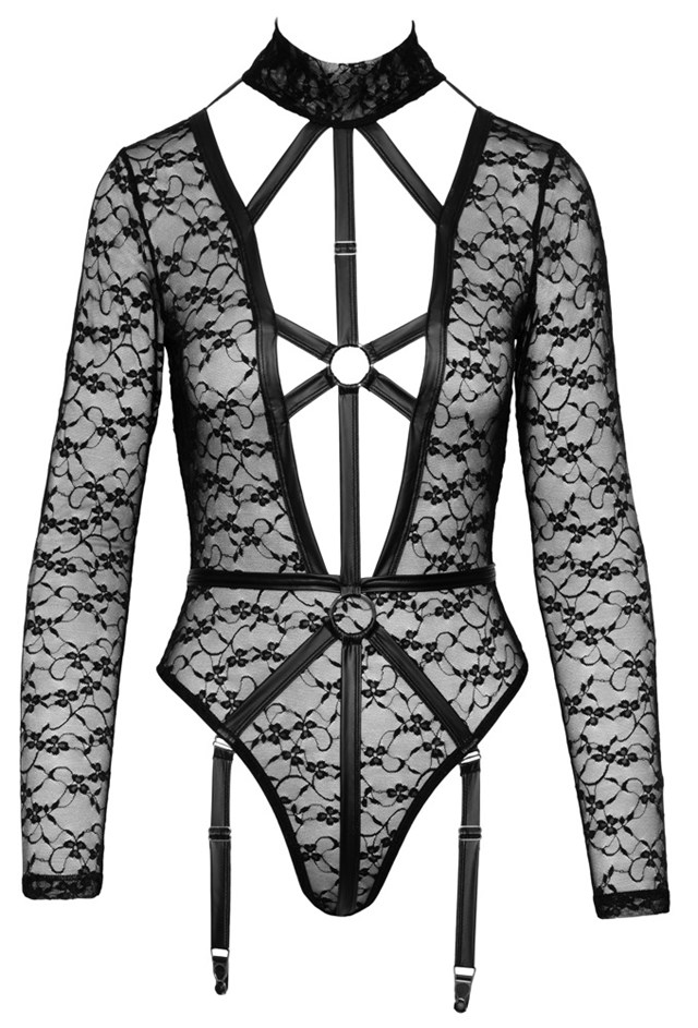 BLACK LONG-SLEEVED LACE BODY WITH SUSPENDERS
