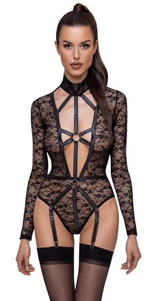 Black Long-sleeved Lace Body With Suspenders