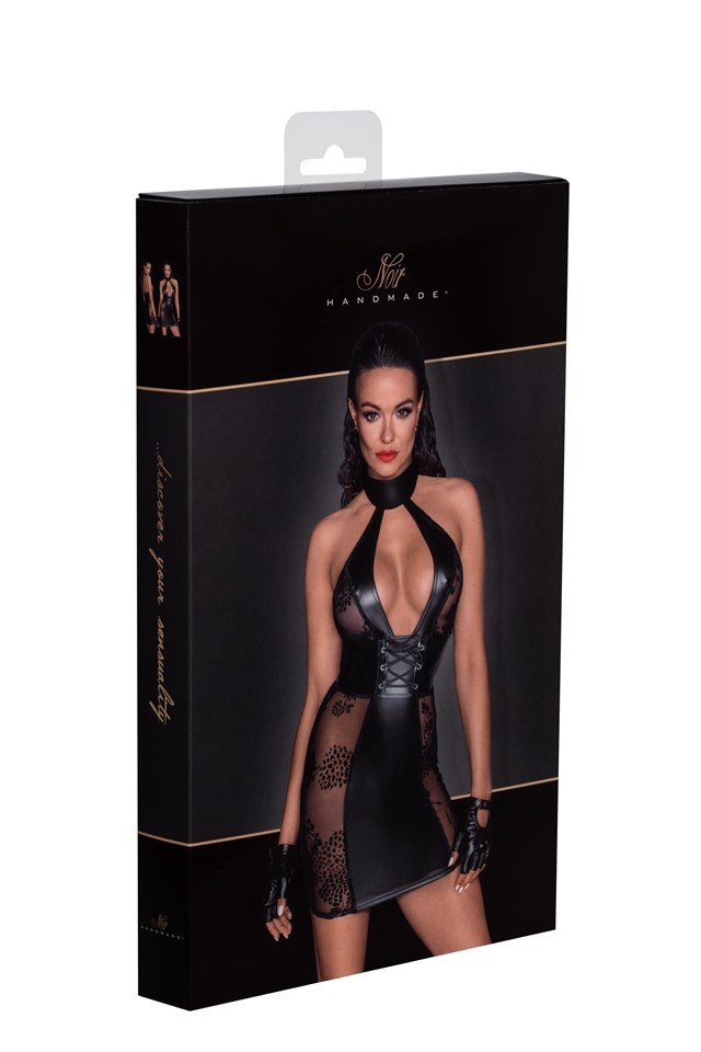 F238 Short tulle dress with Powerwetlook inserts and corset binding