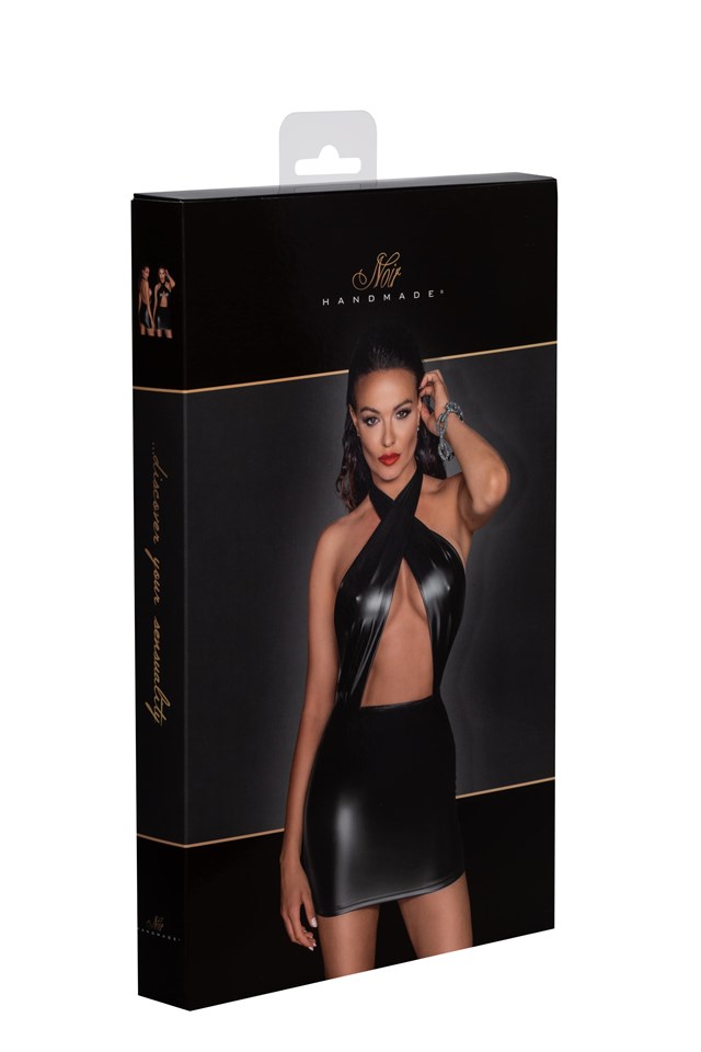 F255 Powerwetlook halter mini-dress with neck wrap