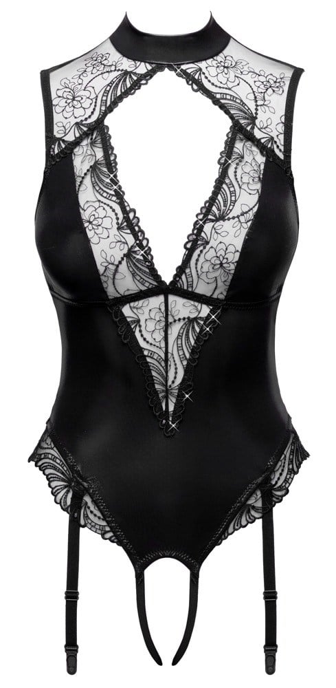 Crotchless thong body with suspender straps