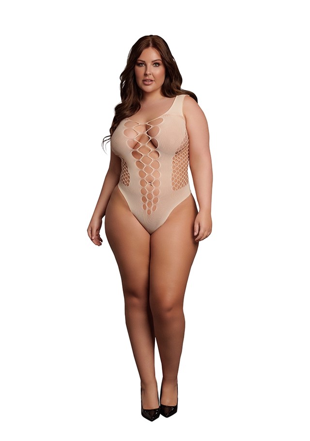Beige V-Neck Teddy with Opaque Panels - plus Size