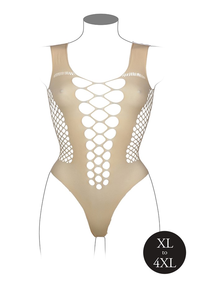 Beige V-Neck Teddy with Opaque Panels - plus Size