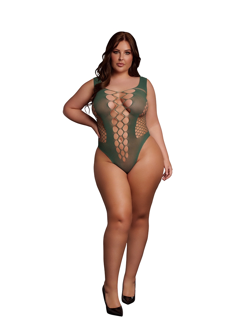 Green V-Neck Teddy with Opaque Panels - plus Size
