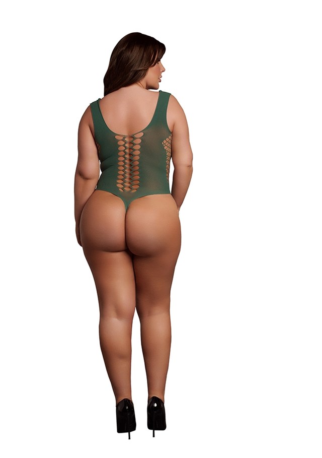 Green V-Neck Teddy with Opaque Panels - plus Size