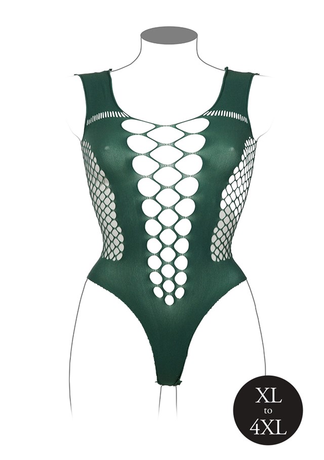Green V-Neck Teddy with Opaque Panels - plus Size