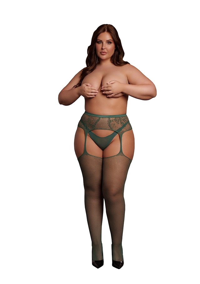 Green Fishnet and Lace Garterbelt Stockings - plus size
