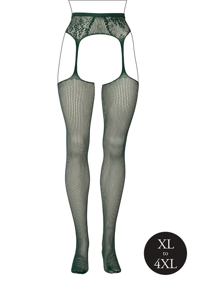 Green Fishnet and Lace Garterbelt Stockings - plus size