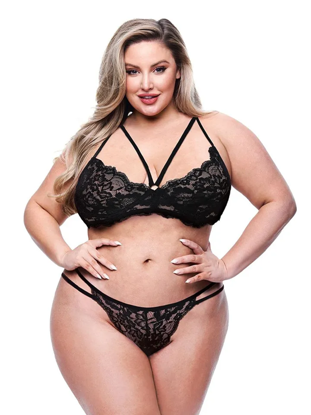 Eco Strappy Bra & Panty Set Black Queen Size
