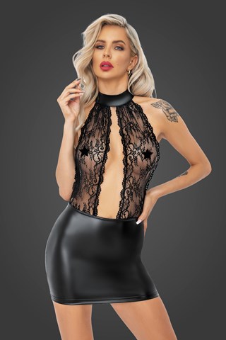 F279 Short Powerwetlook Dress With Lace Top