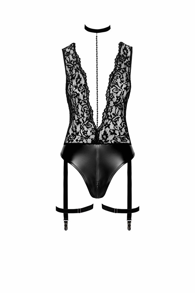 F297 Libido Deep-V bodysuit with collar, pearl chain and garter
