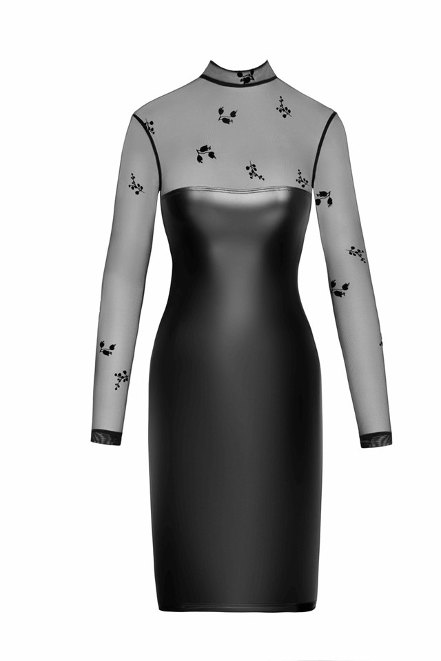 F310 Sublime wetlook and flocked mesh midi dress