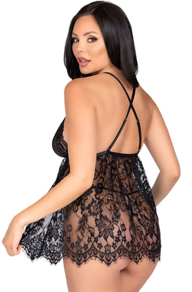 Floral Lace Babydoll & String Black