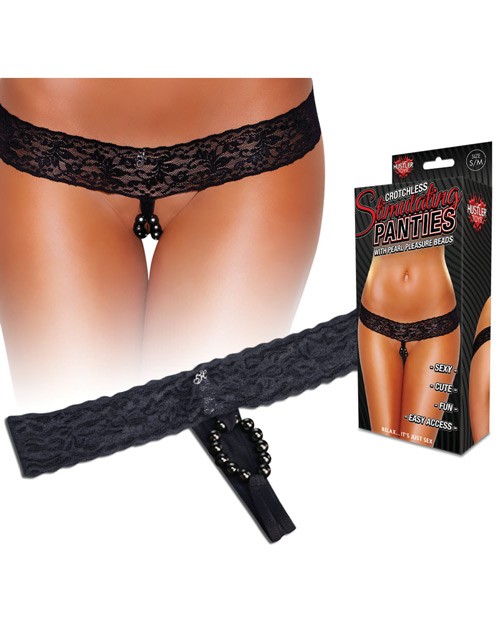 HUSTLER PANTIE THONG PEARL PLEASURE BEADS - BLACK