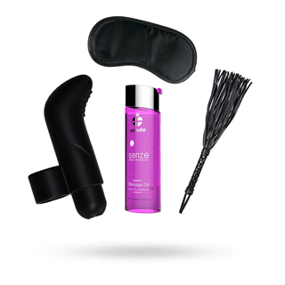 Sett Med Fingervibrator, Swede Massasjeolje, Diabolique Flogger & Svart Øyemaske
