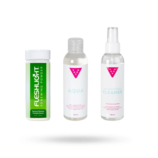 Sett Med Fleshlight Renewing Powder, Vuxen Aqua Glidemiddel 150 Ml & Toy Cleaner 150 Ml