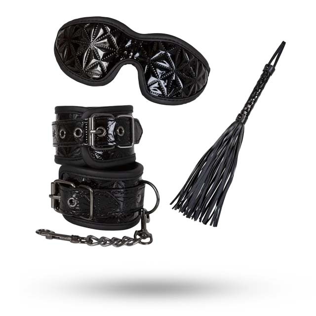 DIABOLIQUE - Bondage Sett Med Øyemaske, Håndjern & Piske Svart