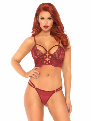 Lace Bralette With Sheer Thong Burgundy