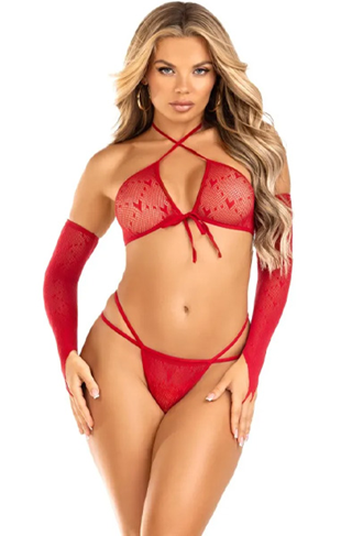 Crop Top, G-string & Gloves Red
