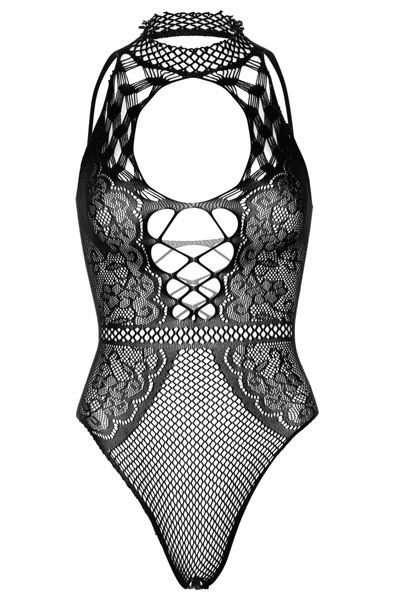 Net & Lace Keyhole Bodysuit Black