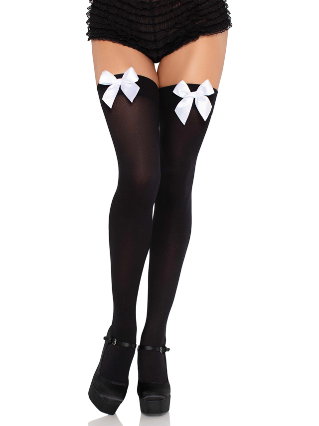 Nylon Thigh Highs With Bow Black/White