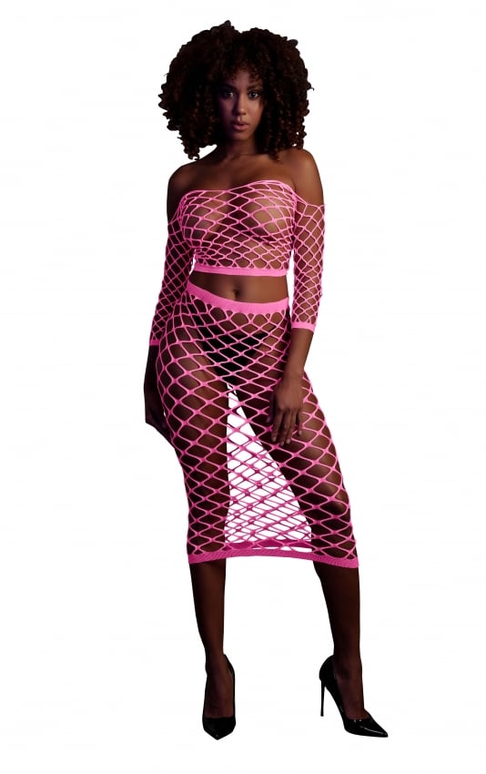 Pink Long Sleeve Crop Top and Long Skirt
