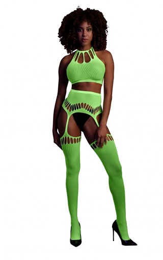 Green Two Piece With Crop Top And Stockings