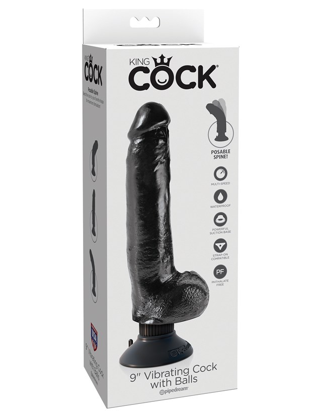 King Cock 9" Vibrating Cock with Balls Black