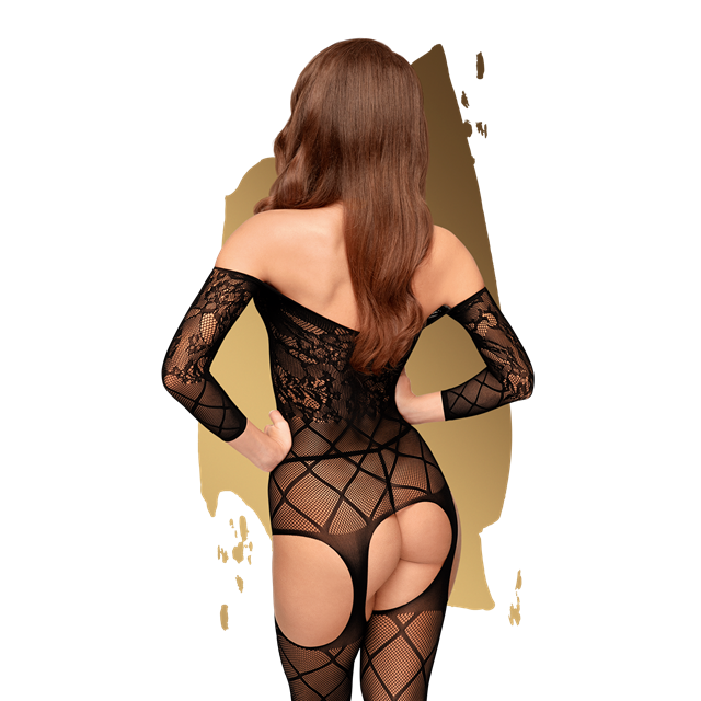 Top-notch - Long-sleeved Lace Bodystocking - Black