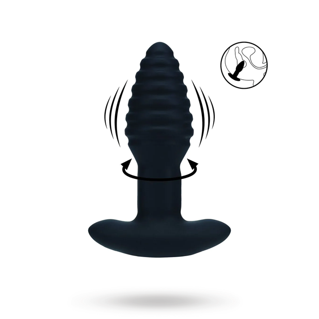 Vibrating and Rotating Ribbed Silicone Anal Plug - Black