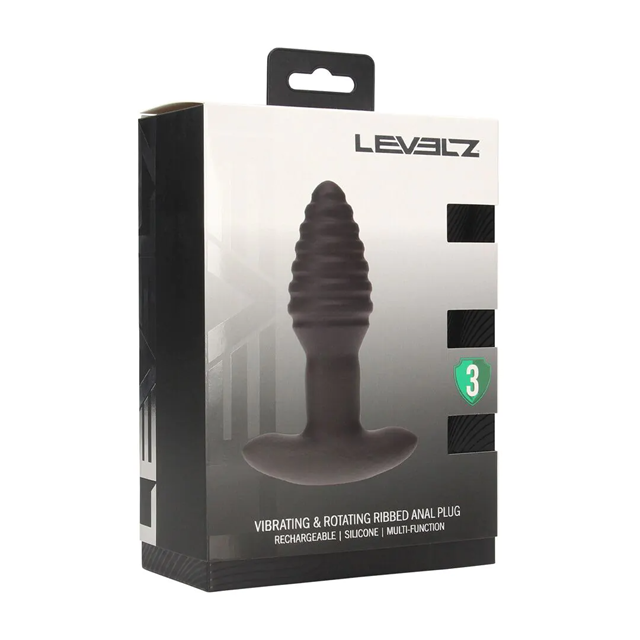 Vibrating and Rotating Ribbed Silicone Anal Plug - Black
