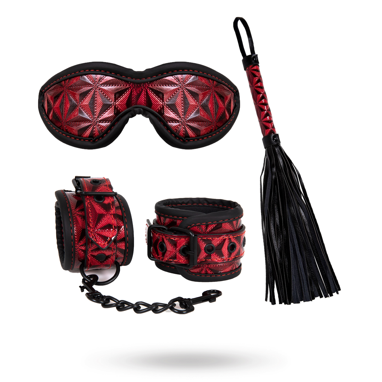 DIABOLIQUE - Bondage Sett Med Øyemaske, Håndjern & Piske Rød