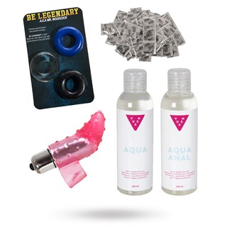 Mr + Mr - Sett Med Kondom, Glidemiddel, Penisringer & Fingervibrator