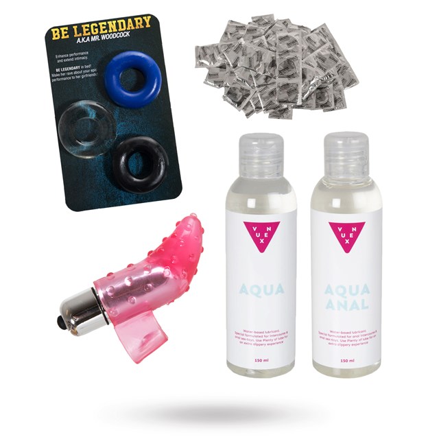 Mr + Mr - Sett med kondom, glidemiddel, penisringer & fingervibrator