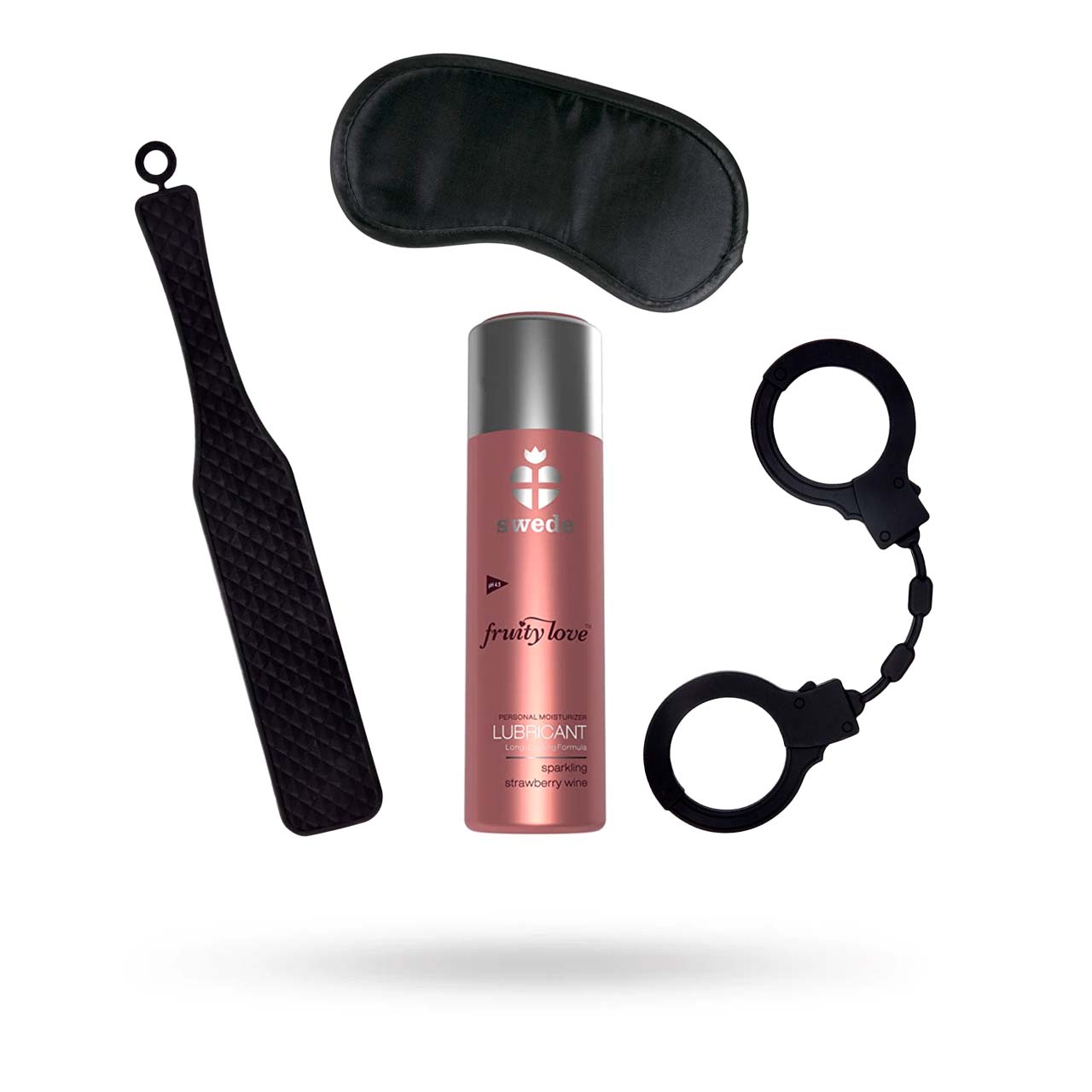 SETT MED SILIKONPADDLE, SVART ØYEMASKE, SILIKONHÅNDJERN & SMAKSSATT GLIDEMIDDEL